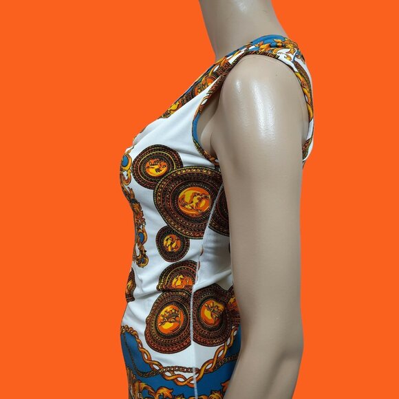 Y2K Baroque print Sleeveless Top Cowl Neck Stretch chain Print Top Size XS S - Picture 7 of 8